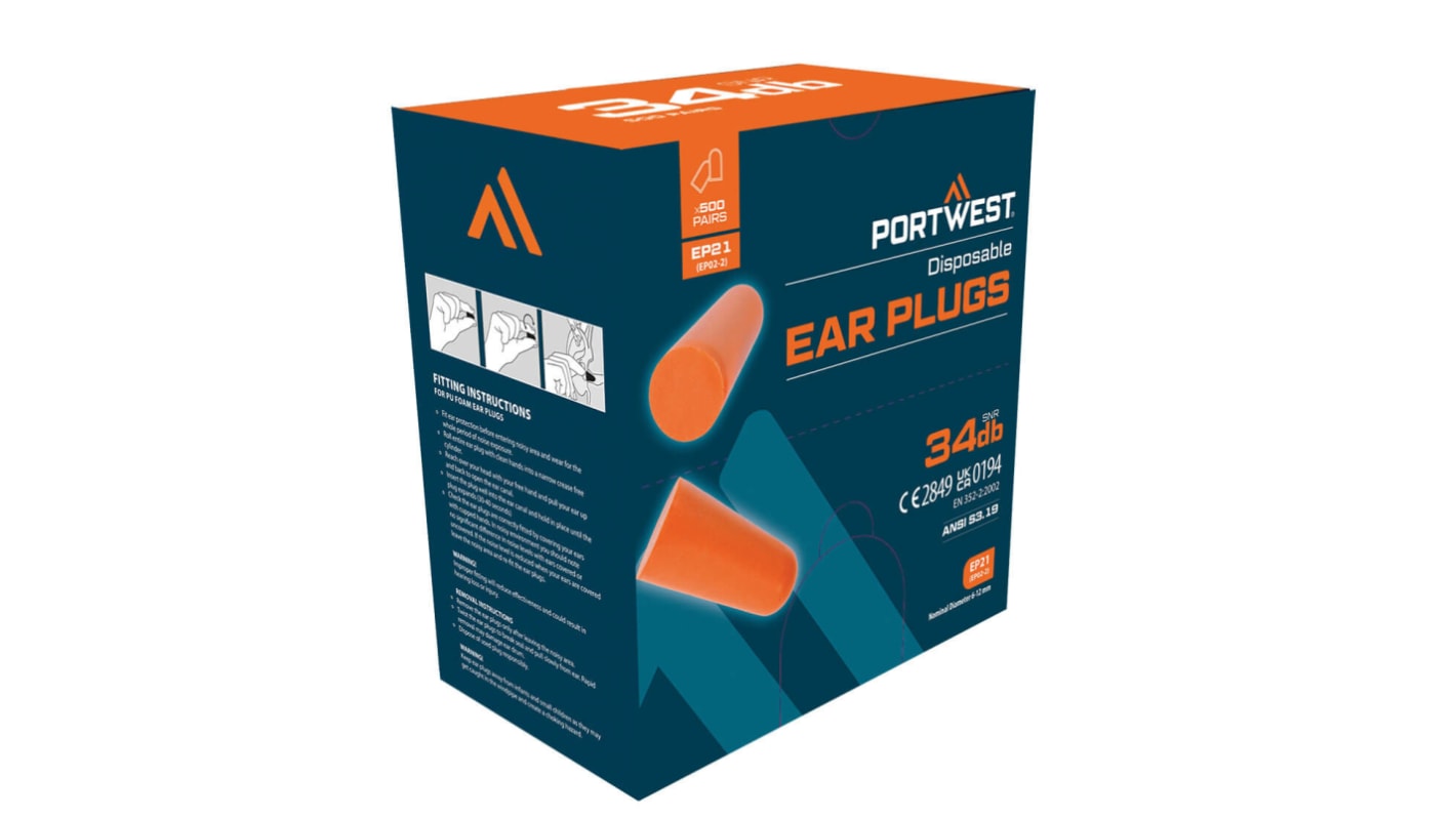 Portwest EP Series Orange Disposable Uncorded Ear Plugs, 34dB Rated, 500Pair Pairs