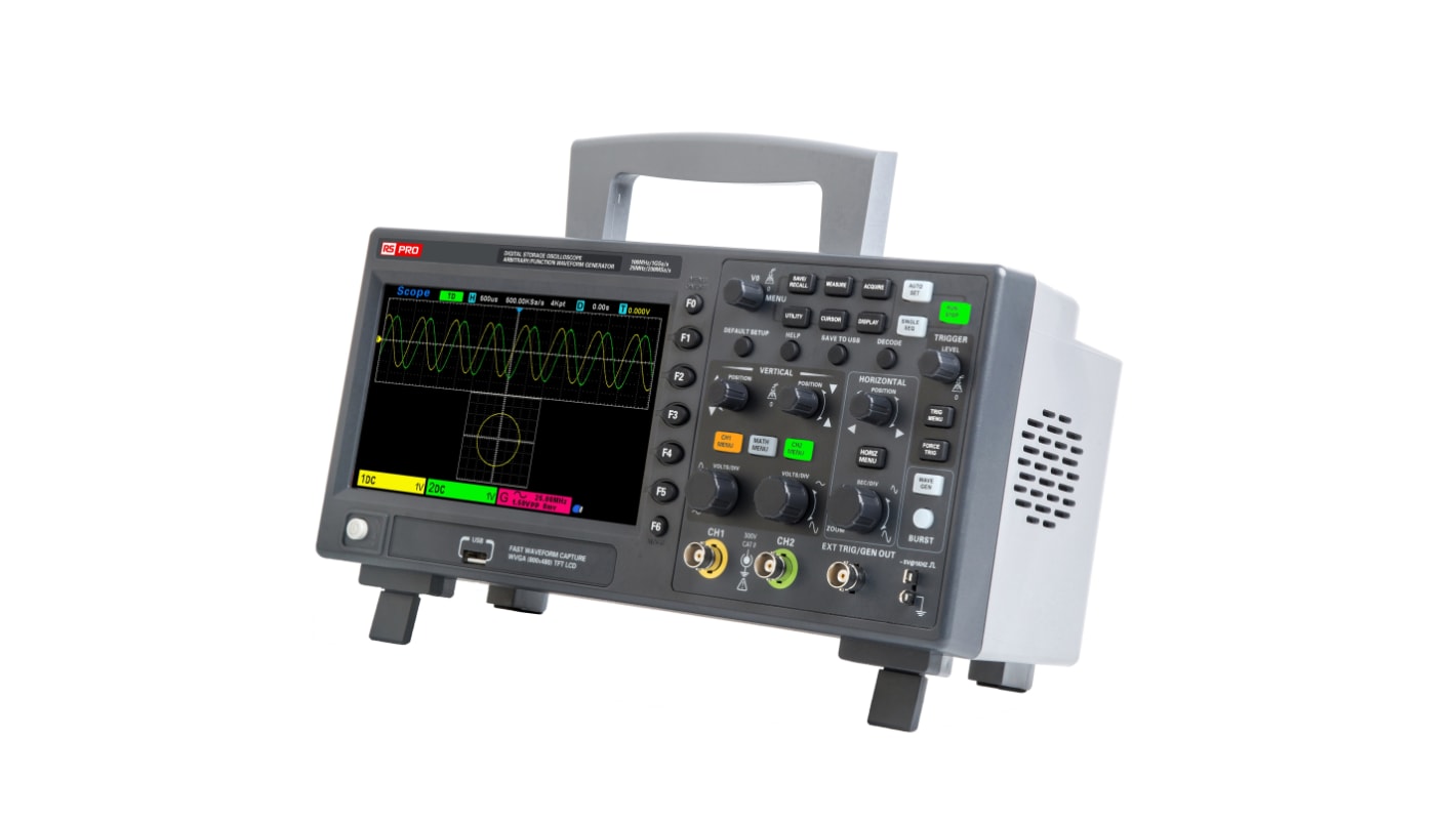 Osciloscopio de banco RS PRO, canales:2 A, 100MHZ, pantalla de 7plg, interfaz USB, Alimentación