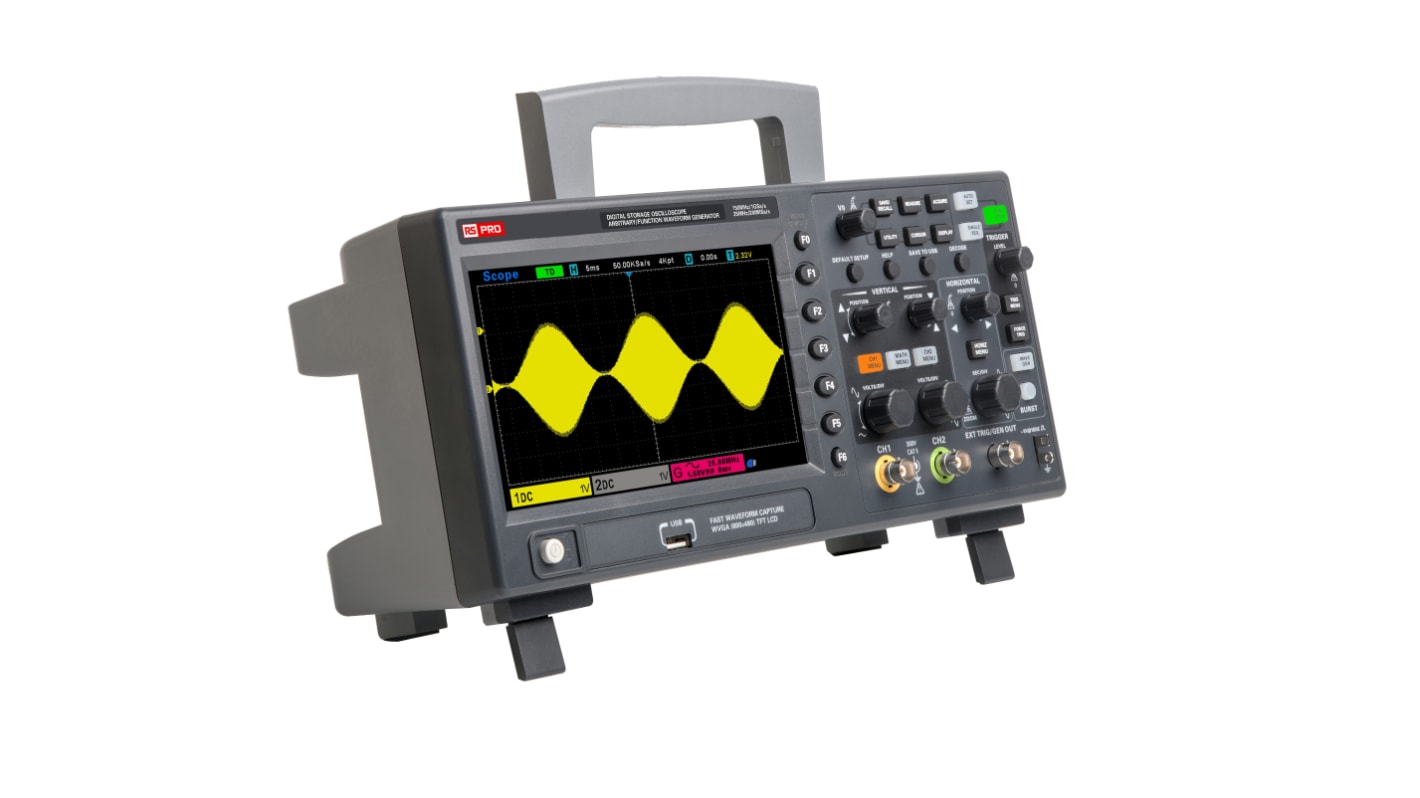 Osciloscopio de banco RS PRO, calibrado UKAS, canales:2 A, 150MHZ, pantalla de 7plg, interfaz USB, Alimentación