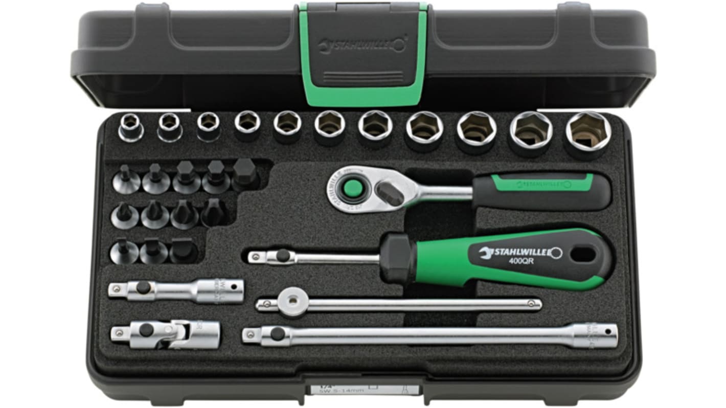 STAHLWILLE 29-Piece Metric 1/4 in Standard Socket/Bit Set with Ratchet, 6 point; Hex Bit; Phillips Bit; Slotted Bit