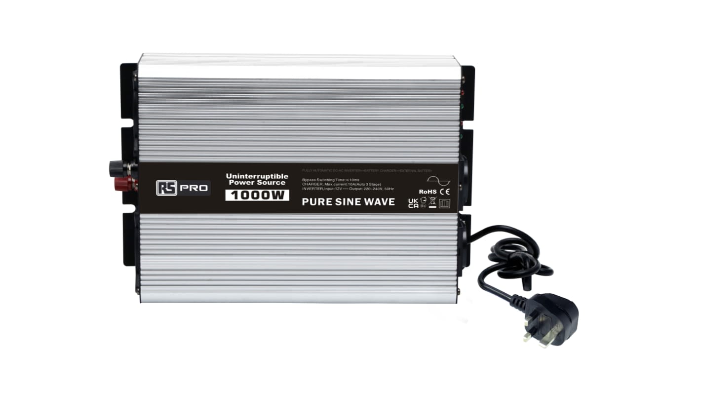 RS PRO Pure Sine Wave 1000W Fixed Installation DC-AC Power Inverter, 24V dc Input, 230V ac Output, No