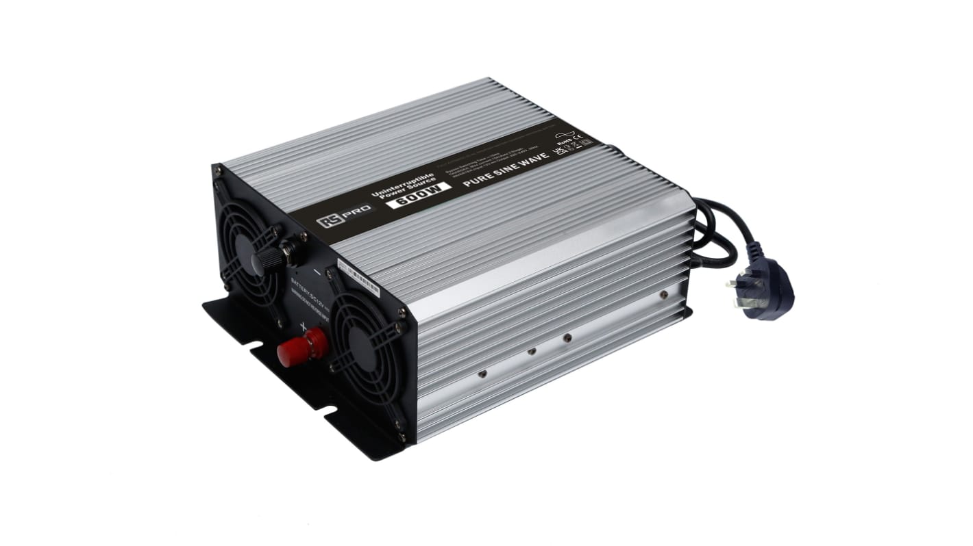 RS PRO Pure Sine Wave 600W Fixed Installation DC-AC Power Inverter, 12V dc Input, 230V ac Output, No