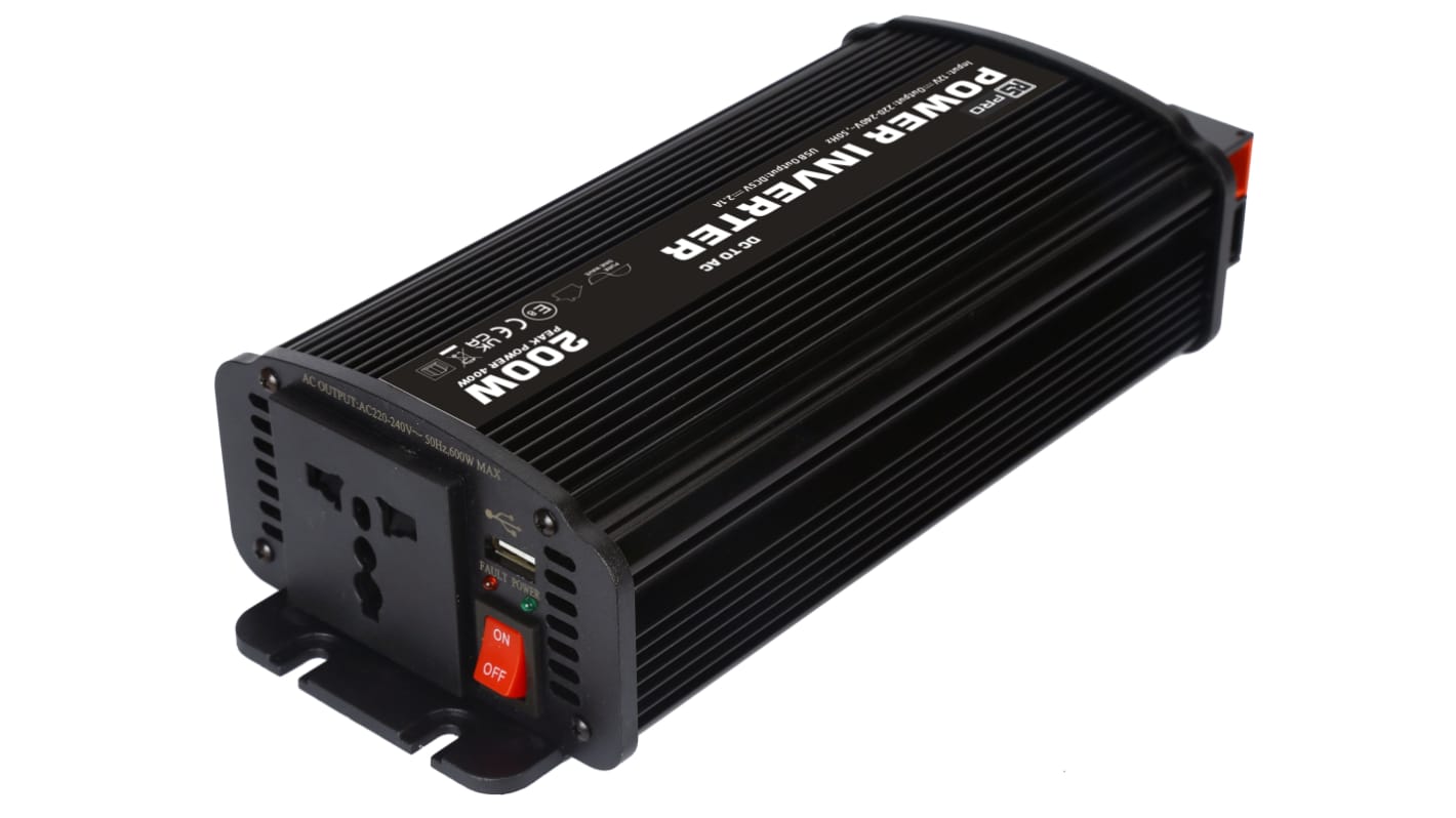 Inverter c.c.-c.a. per installazione fissa RS PRO, ingresso 12V cc, uscita 230V ca, 0.87A, 200W, connettore Connettore