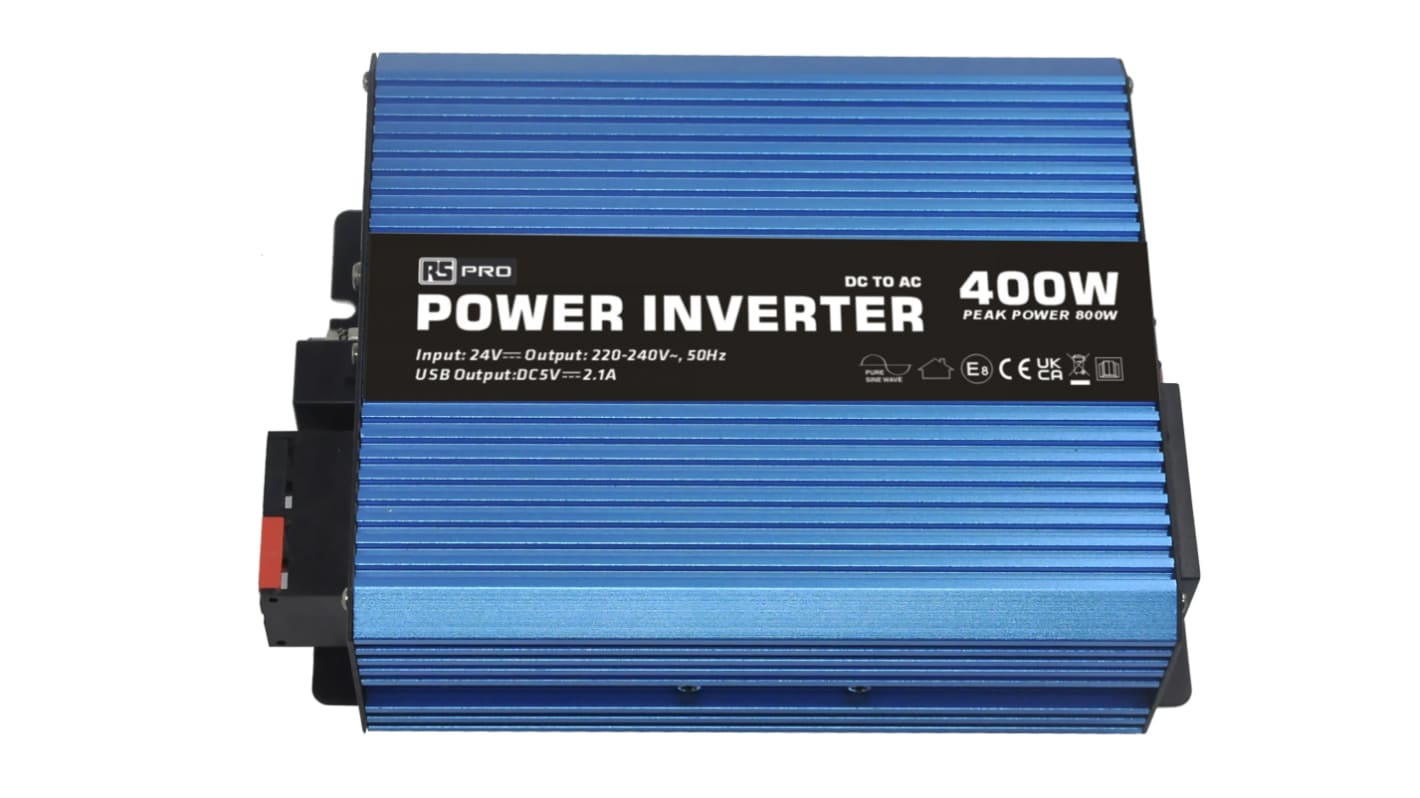 Inverter c.c.-c.a. per installazione fissa RS PRO, ingresso 24V cc, uscita 230V ca, 1.74A, 400W, connettore Connettore