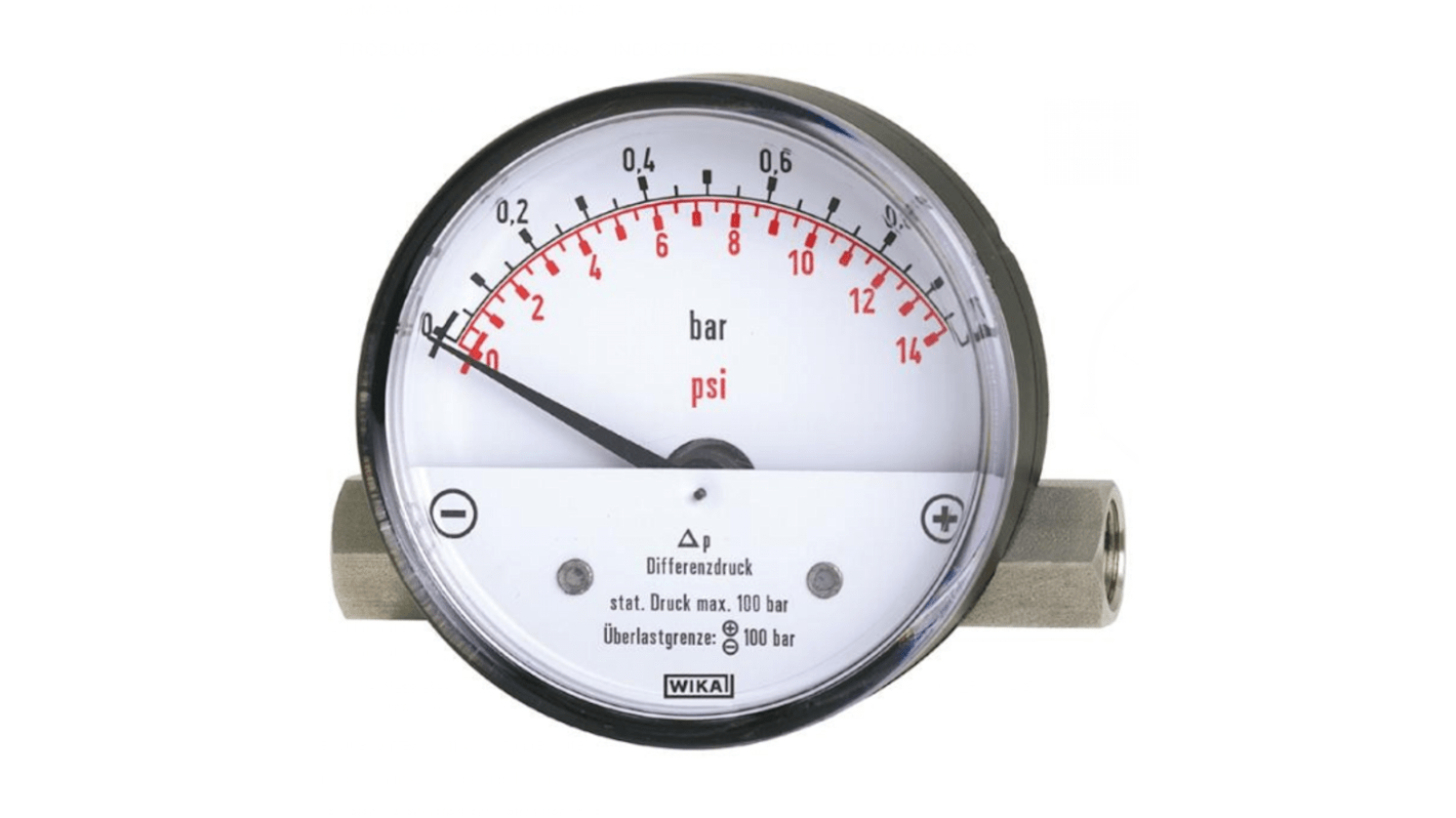 WIKA G 1/4 Analogue Differential Pressure Gauge 2bar Side Entry, 13294416, 0bar min.