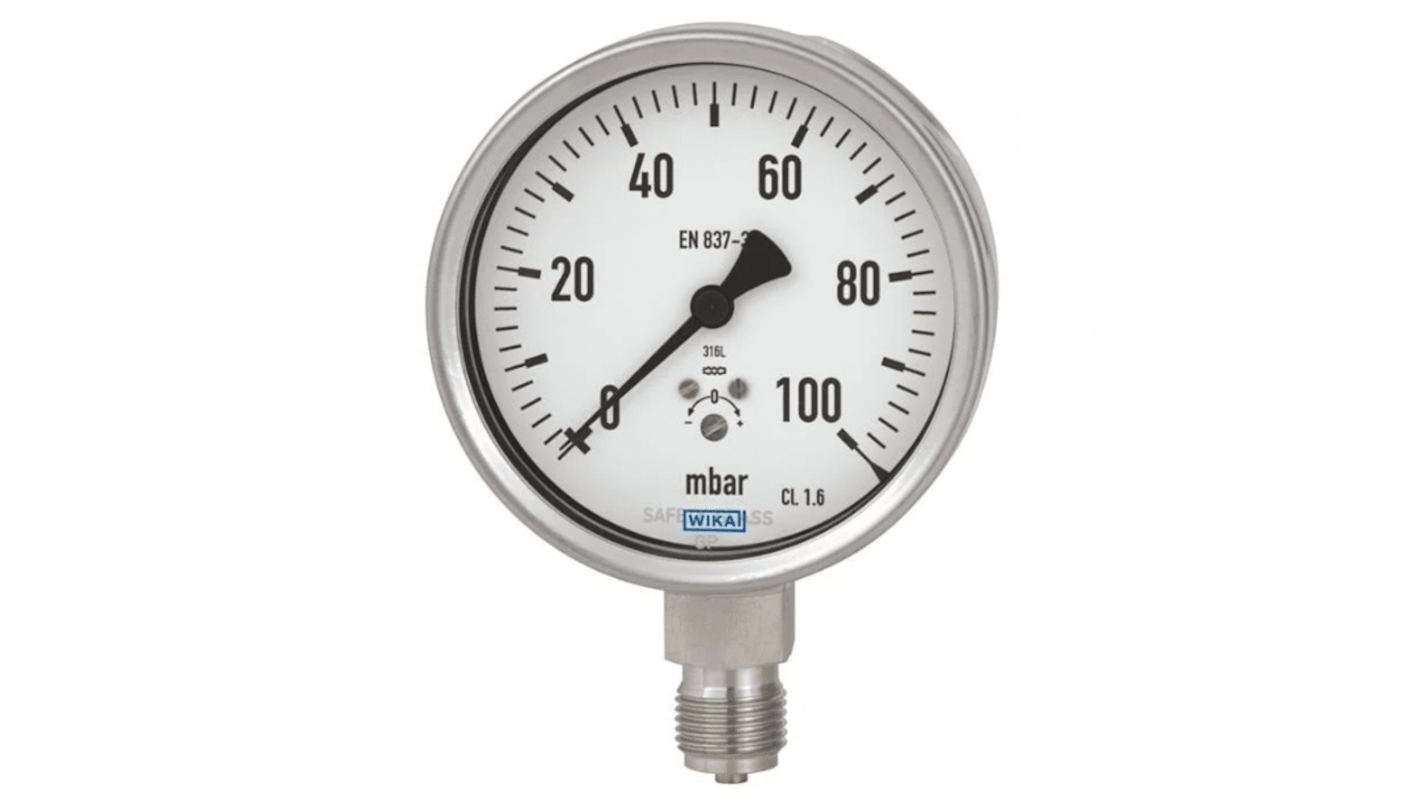 WIKA G 1/4 Analogue Pressure Gauge 250mbar Back Entry, 14303111, 0mbar min.