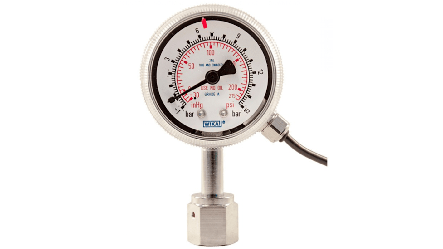 WIKA 1/4 in Analogue Pressure Gauge 1bar Back Entry, 14471758, -1bar min.