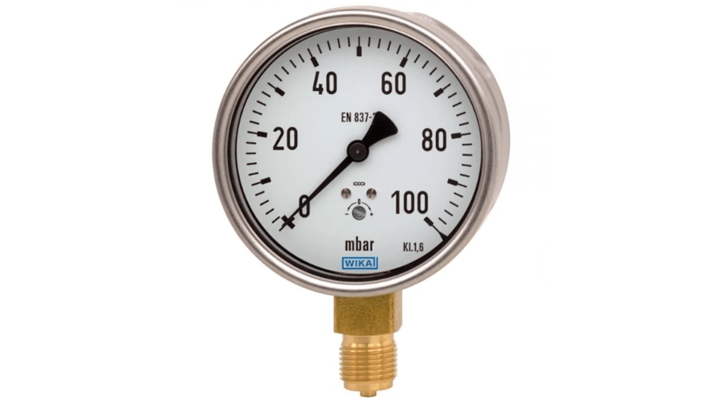 WIKA 612.20 Druckmessgerät Prozessanschluss unten Analog 0mbar → 200mbar, Ø 100mm G1/2