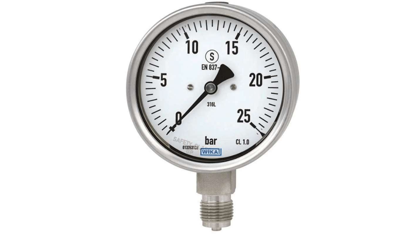 WIKA 23X.30 Druckmessgerät Prozessanschluss unten Analog 0bar → 25bar, Ø 160mm NPT1/2