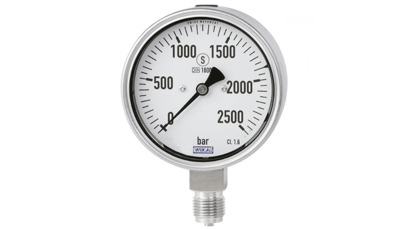 WIKA G 1/2 Analogue Pressure Gauge 2500bar Back Entry, 48789686, 0bar min.