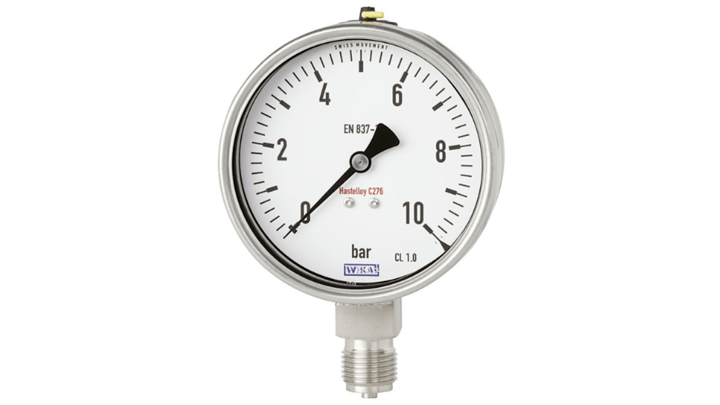 WIKA NPT 1/2 Analogue Pressure Gauge 10bar Back Entry, 48796310, 0bar min.