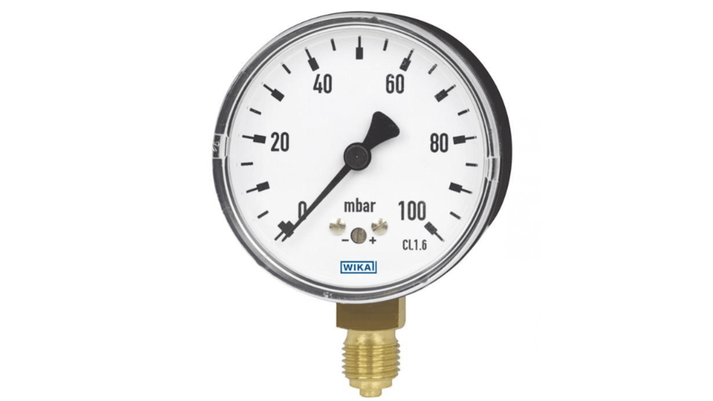 WIKA 6X1.10 Druckmessgerät Prozessanschluss hinten Analog -100mbar → 0mbar, Ø 63mm G 1/8