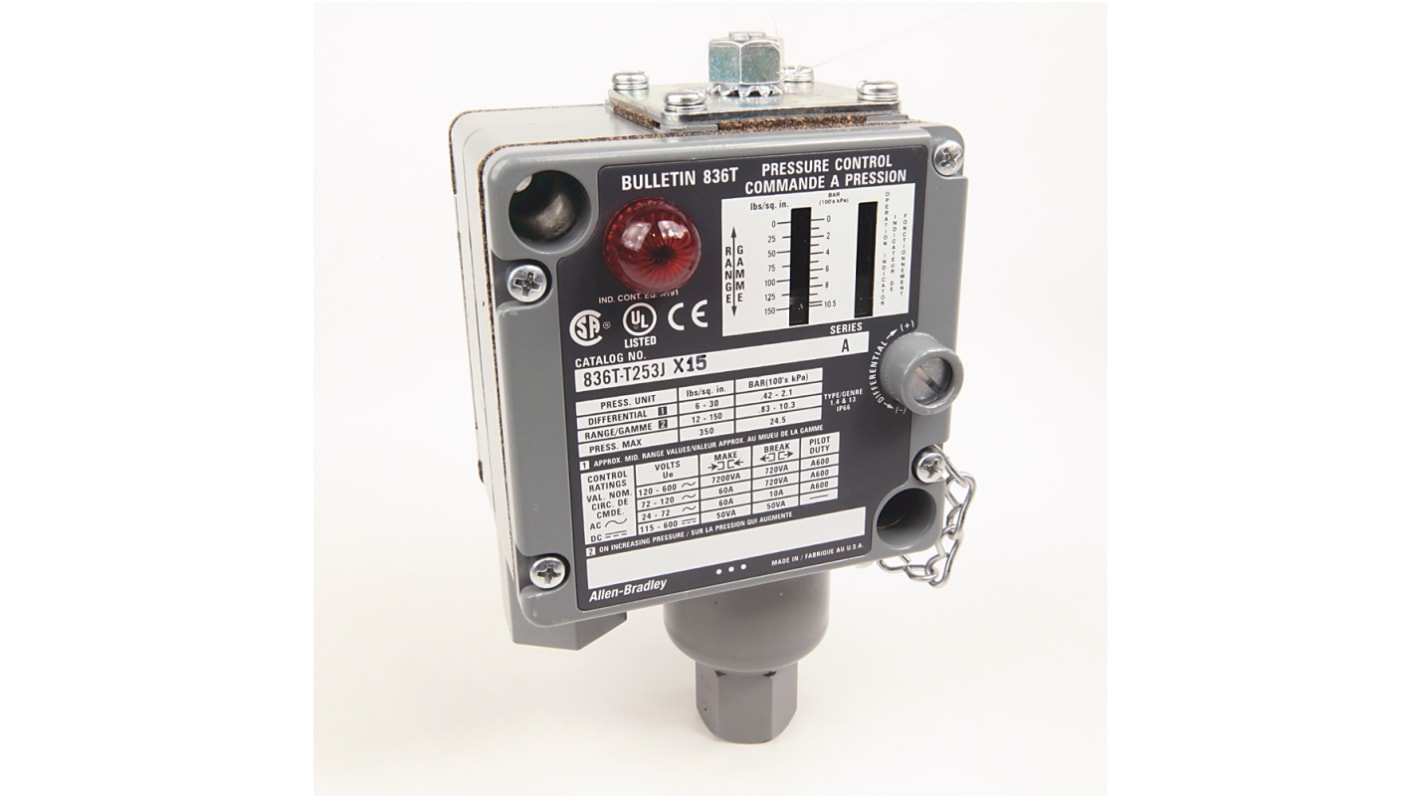 Rockwell Automation 836T Series Series Pressure Switch, 6psi Min, 150psi Max, SPDT Output, Adjustable Differential