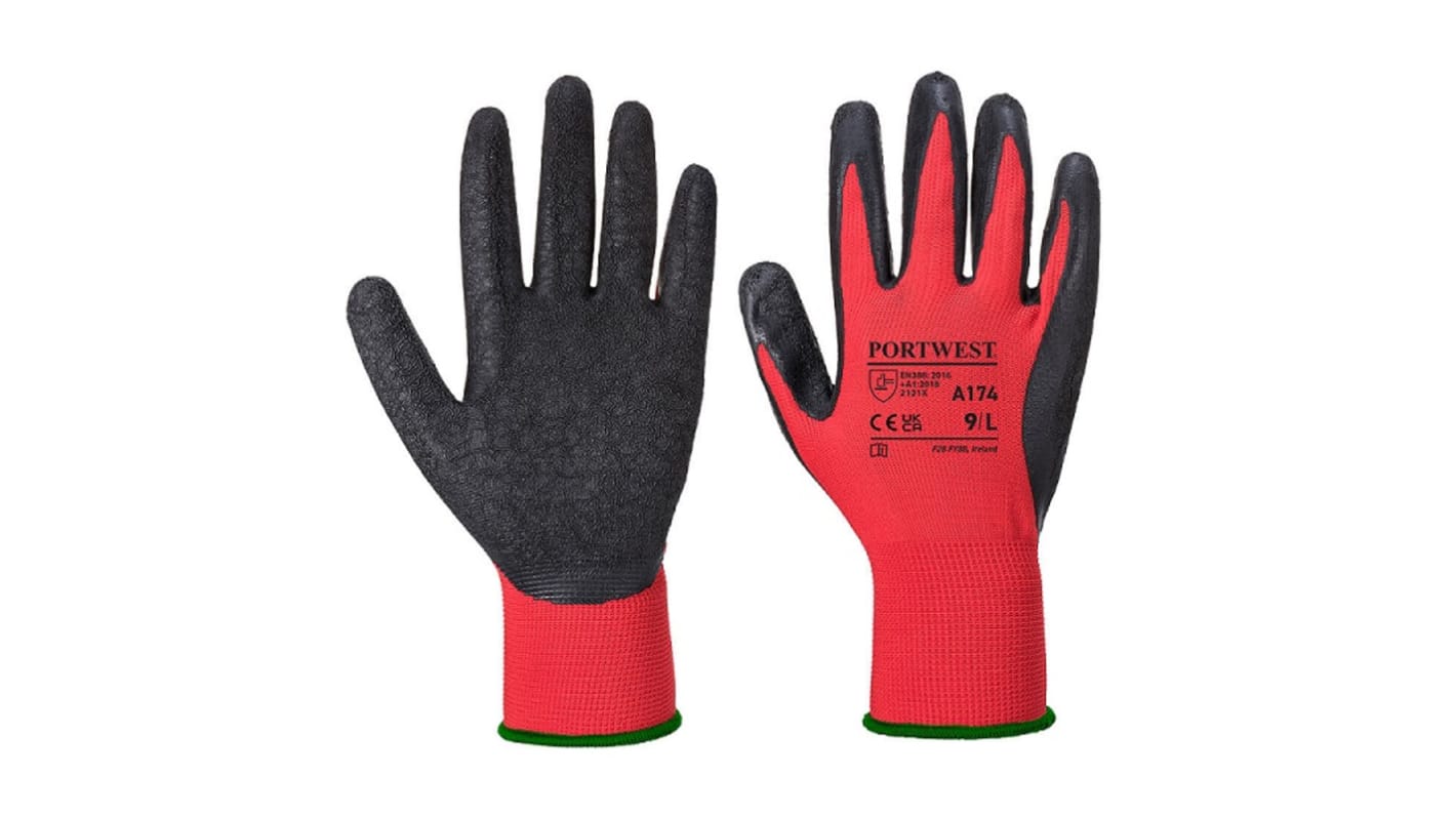 Portwest Red Polyester Extra Grip Gripper Gloves, Size 9, Large, Latex Coating