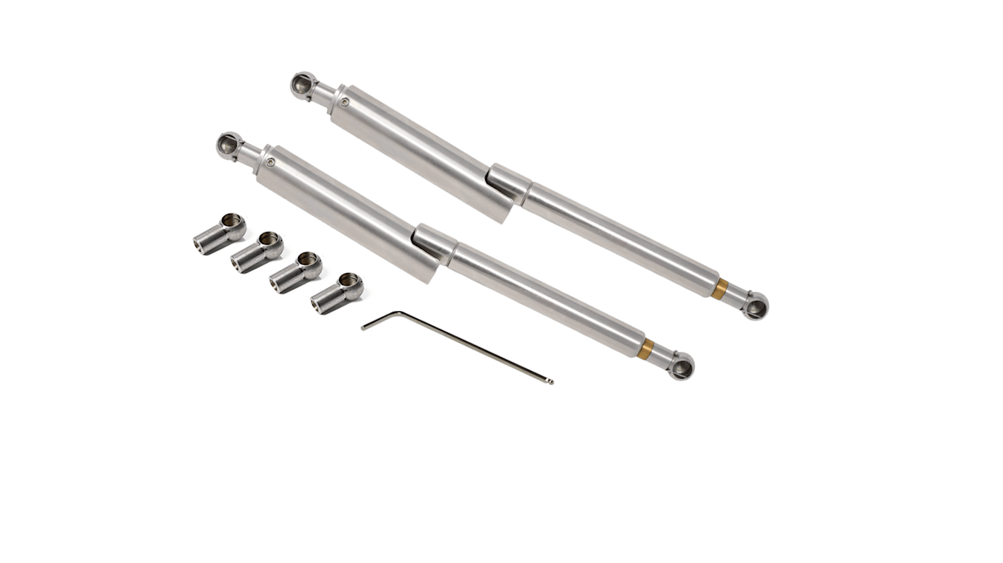 RS PRO Gasdruckfeder Stahl, Gelenklager, Mat.Endanschluss Stahl, Hub L. 200mm, Rastend bei Vollauszug