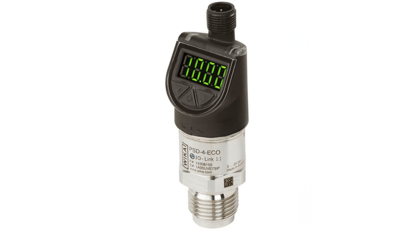 WIKA PSD-4-ECO Series Pressure Sensor, 0bar Min, 25bar Max, PNP Output, Gauge Reading