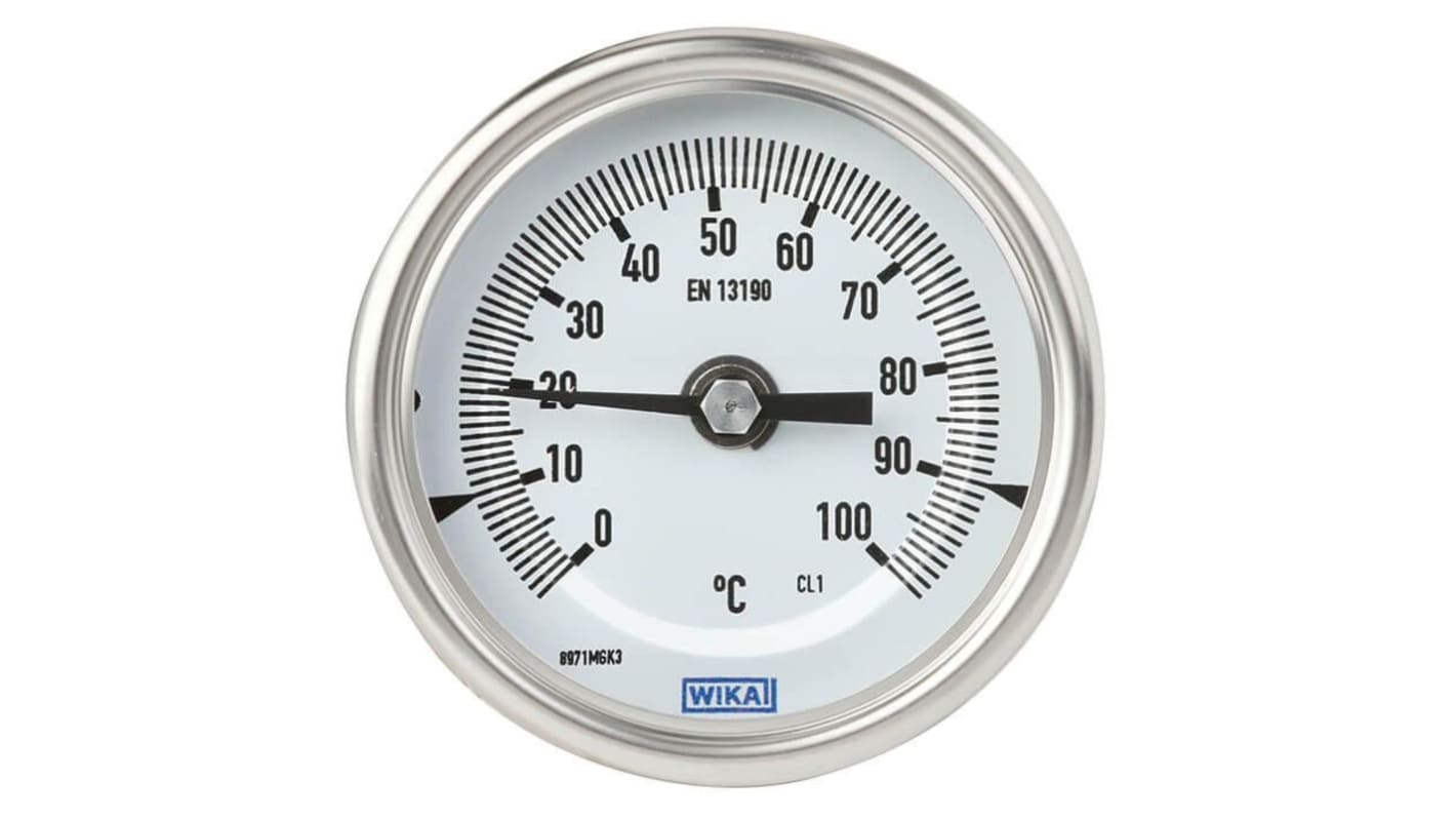 Termómetro con dial WIKA 48785302, Escala Centígrado, 0 → 160 °C, 160 °C, Diámetro 100mm