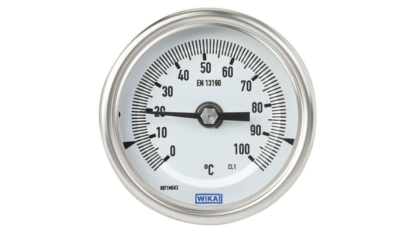 WIKA Zeigerthermometer Rundes Ziffernblatt, 0 → 160 °C, Skalen-Ø 100mm