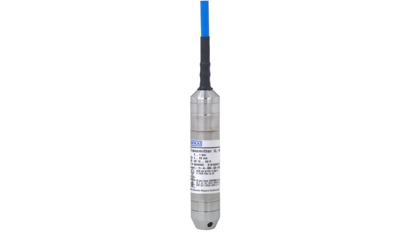 WIKA IL-10 Series Level Sensor Level Probe, 4-20mA Output, Cable Mount, Stainless Steel Body, ATEX, IECEx-Rated