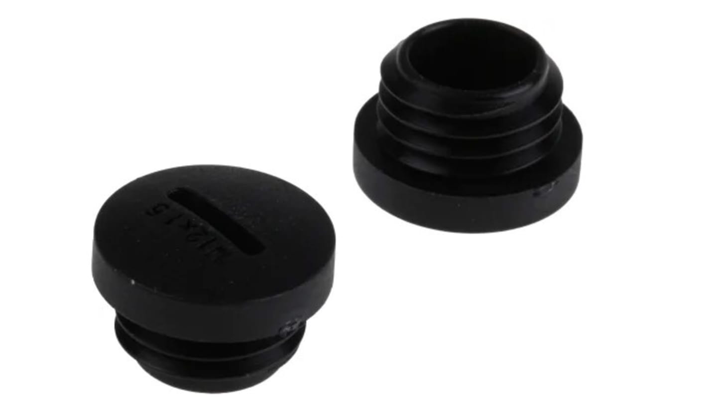 Tapón ciego para prensaestopas RS PRO, Negro, M12, Roscado, Nylon 66, Tope, 12 → 12.3mm, 15mm