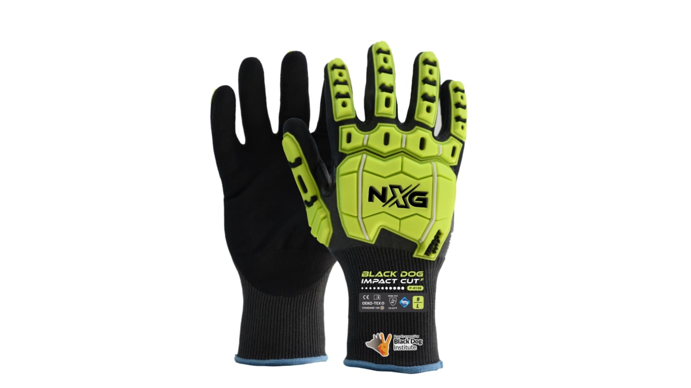 NXG NXG Black Dog Impact Cut F Black, Green Nitrile Cut Resistant Work Gloves, Size 6, XS, Nitrile Coating