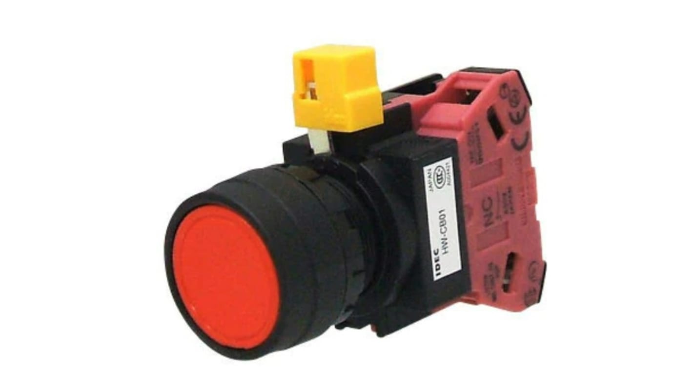 Idec HW Series Series Push Button, Momentary, Panel Mount, 22.3mm Cutout, SPST, Red LED, 600V, IP20, IP65