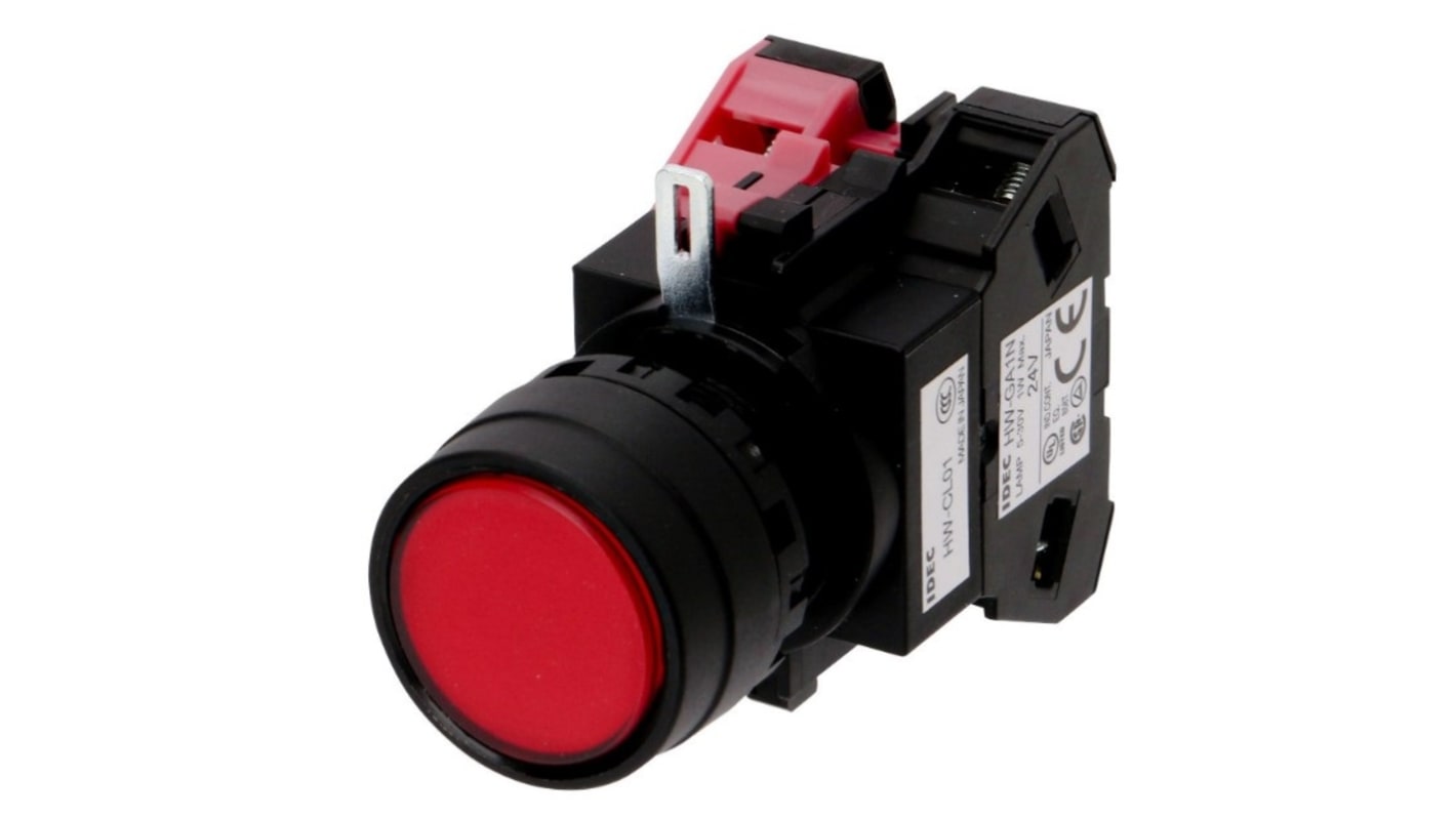 Idec HW Series Series Illuminated Push Button, Momentary, Panel Mount, 22.3mm Cutout, SPST, Red LED, 24V ac/dc, IP20,