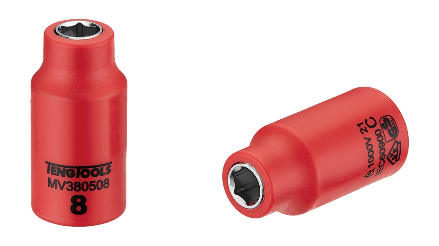 Teng Tools 3/8 in Drive 8mm Insulated Standard Socket, 6 point, VDE/1000V, 46 mm Overall Length