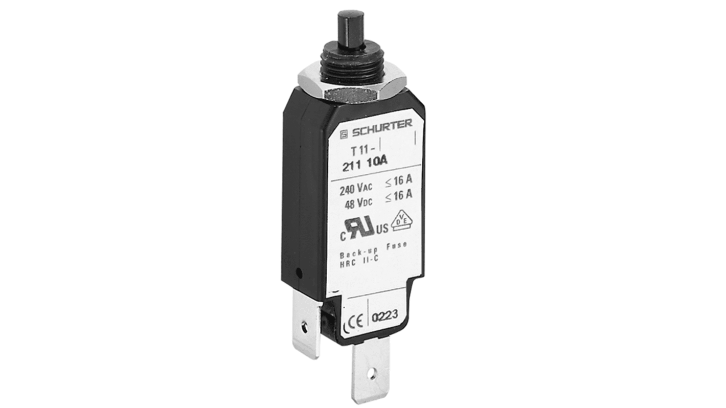 Schurter TA11 Thermal Circuit Breaker - T11-211 Single Pole 240V ac Voltage Rating Universal Mount, 6A Current Rating