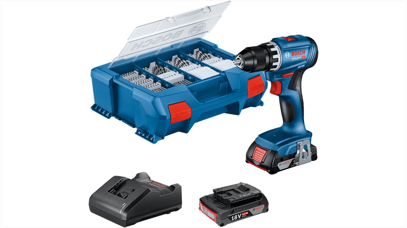 Taladro-atornillador Bosch a batería Li-Ion de 18V 2Ah con 2 baterías