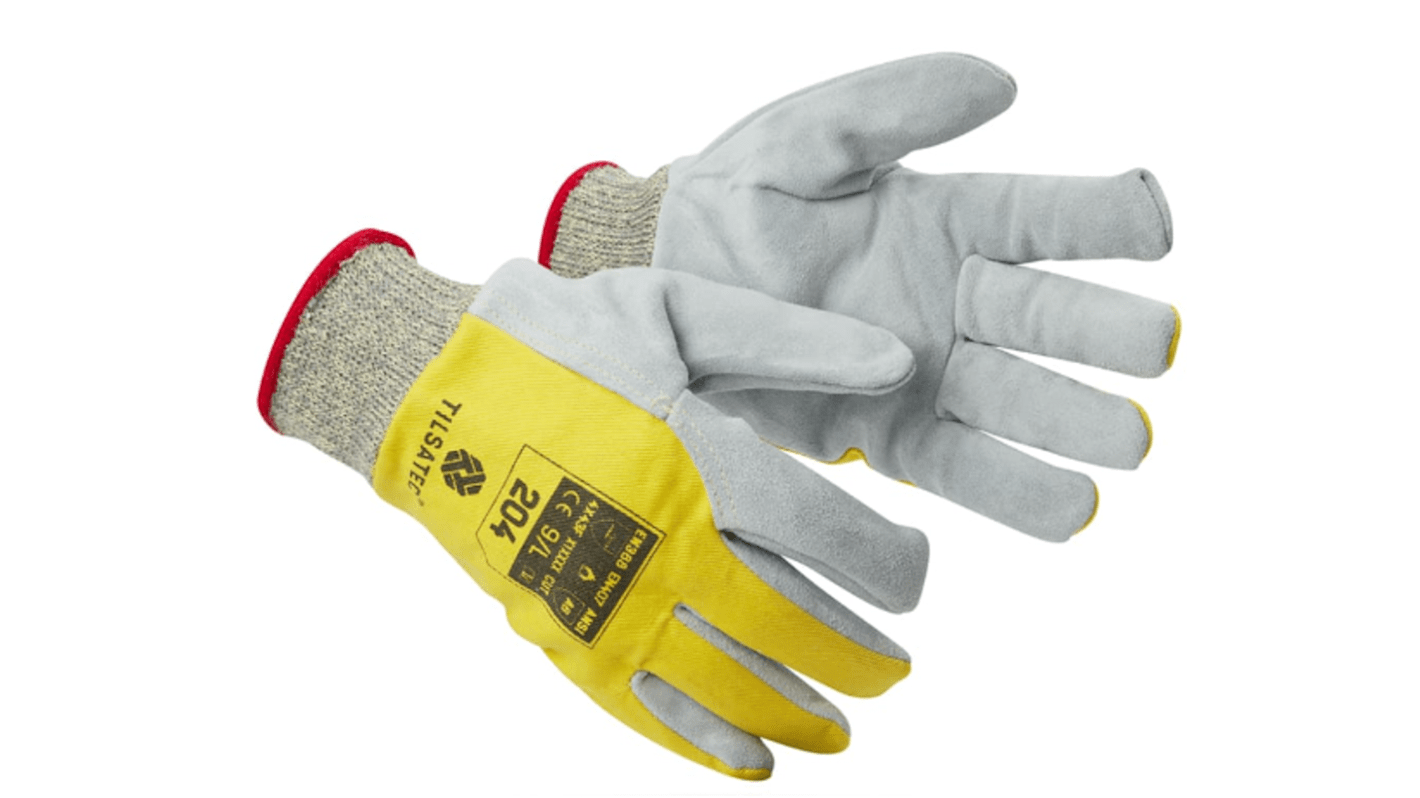 Tilsatec 204 Grey, Yellow Leather Cut Resistant, Puncture Resistant Work Gloves, Size 9, Leather Coating