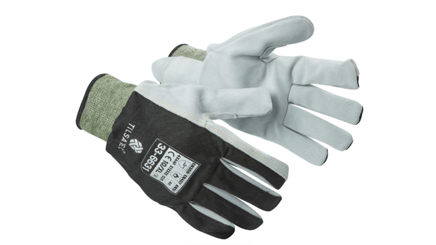 Tilsatec 33-6631 Black/Grey Leather Cut Resistant, Puncture Resistant Work Gloves, Size 8, Medium, Leather Coating