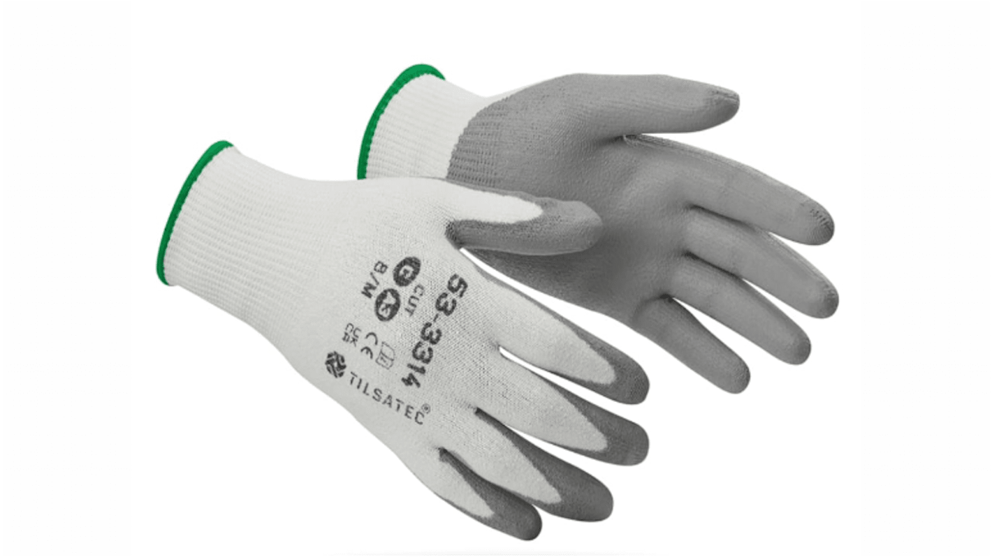 Tilsatec 53-3314 White/Grey Yarn Cut Resistant Work Gloves, Size 7, Small, Polyurethane Coating
