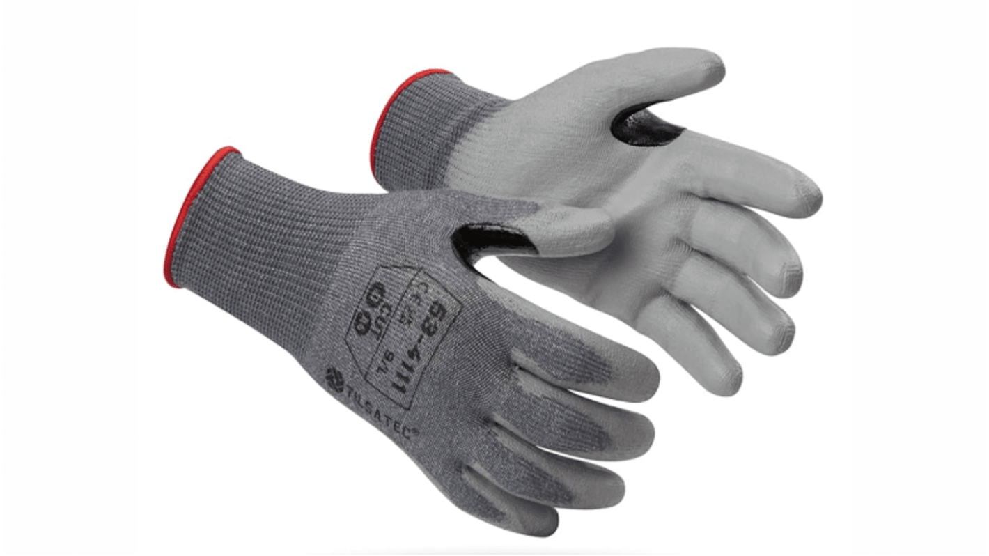 Tilsatec 53-4111 Grey Yarn Cut Resistant Work Gloves, Size 8, Medium, Polyurethane Coating