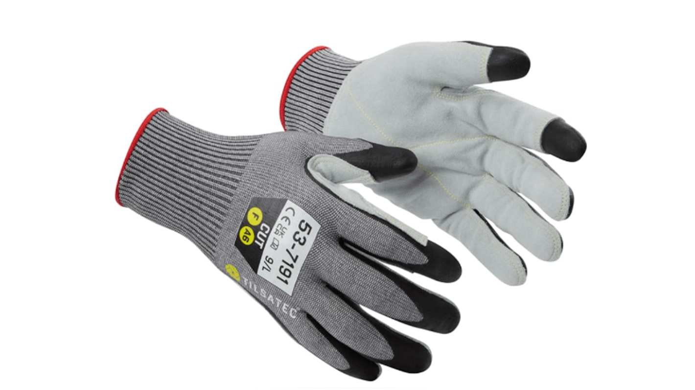 Tilsatec 53-7191 Grey Yarn Cut Resistant Work Gloves, Size 10, Foam Nitrile, Leather Coating