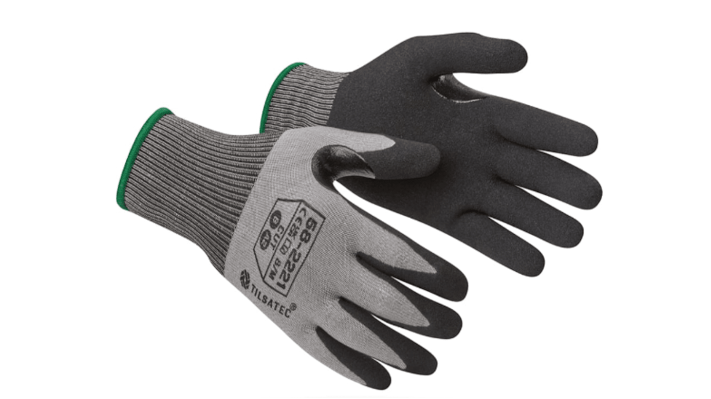 Tilsatec 58-2221 Black/Grey Nitrile Abrasion Resistant, Cut Resistant Work Gloves, Size 7, Foam Nitrile Coating