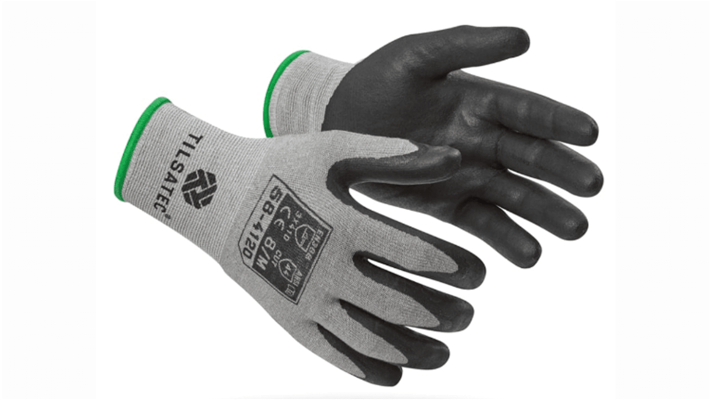 Tilsatec 58-4120 Black/Grey Yarn Cut Resistant Work Gloves, Size 8, Foam Coating