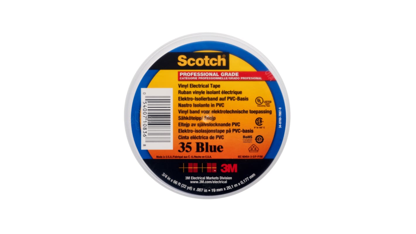 Ruban isolant 3M Scotch 35 Vinyl Electrical Color Coding Tape en Vinyle Bleu 20m x 19mm x 0.18mm