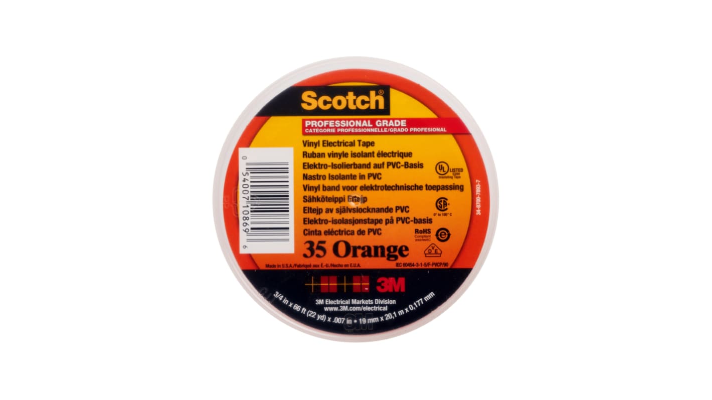 Ruban isolant 3M Scotch 35 Vinyl Electrical Color Coding Tape en Vinyle Orange 20m x 19mm x 0.18mm