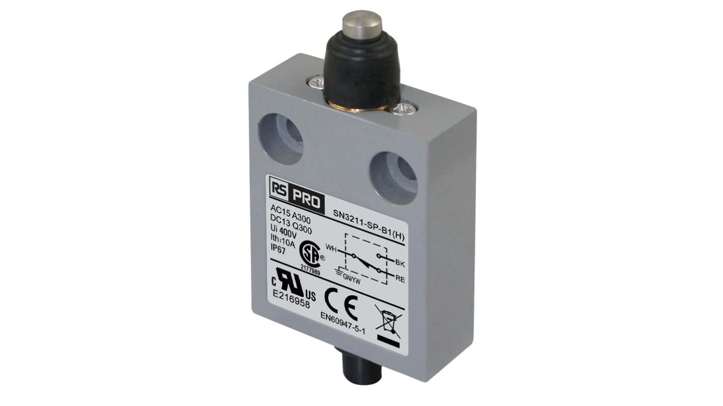 RS PRO Plunger Limit Switch, 1NC/1NO, IP67, SPDT, Zinc Alloy Housing, 240V ac ac Max, 3A Max