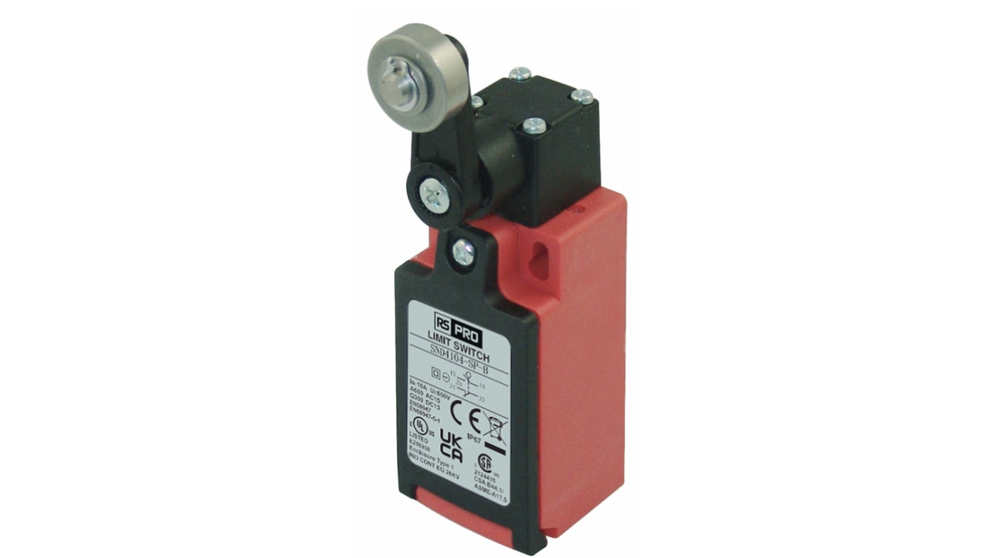 RS PRO Roller Lever Limit Switch, 1NO/1NC, IP67, SPDT, Glass Reinforced Plastic (GRP) Housing, 250V ac ac Max, 3A Max