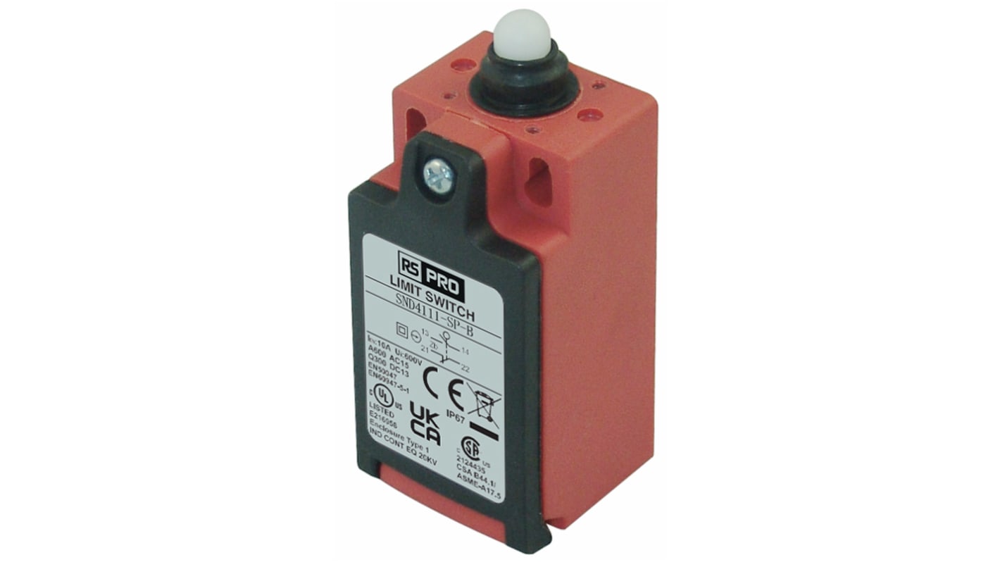 RS PRO Plunger Limit Switch, 1NO/1NC, IP67, SPDT, Glass Reinforced Plastic (GRP) Housing, 250V ac ac Max, 3A Max