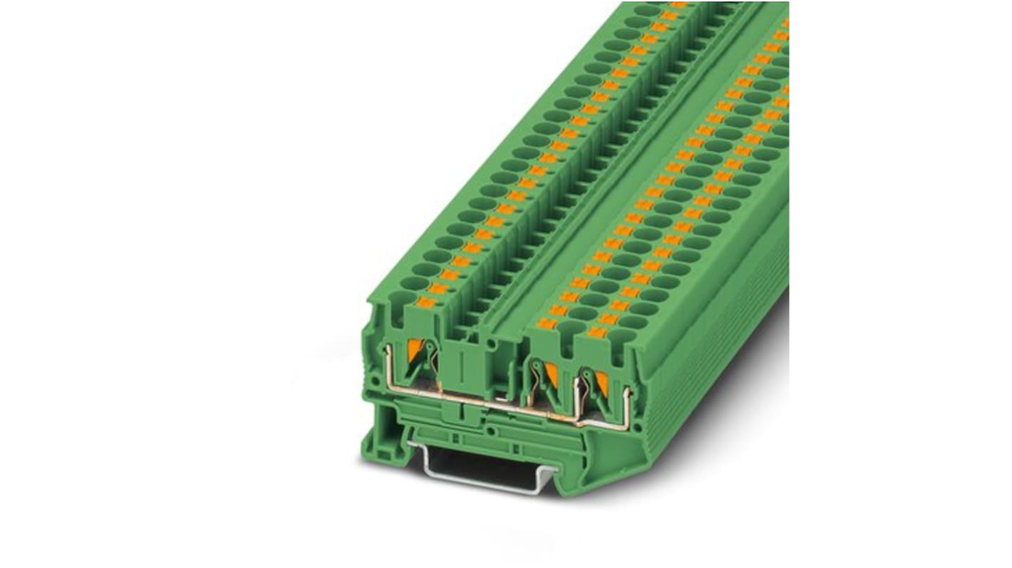 Phoenix Contact PT 4-TWIN GN Series Green Feed Through Terminal Block, 4mm², Single-Level, Push In Termination