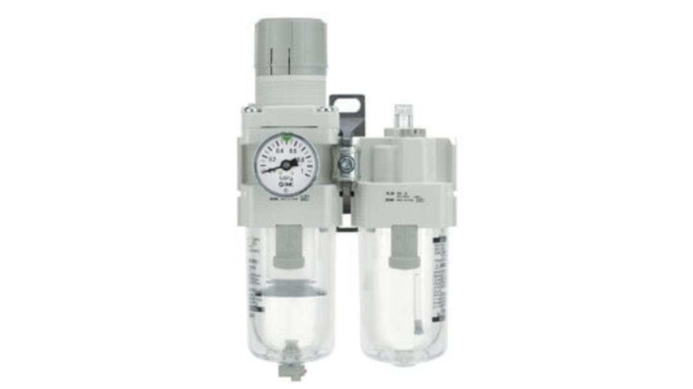 SMC 1/4 in, 1/8 in Filter Regulator Lubricator, Automatic Drain, 5μm Filtration Size - With Pressure Gauge