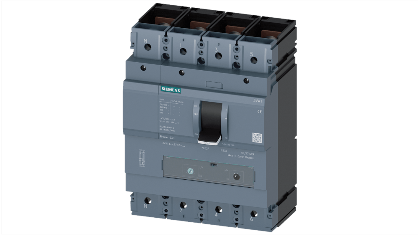 Disjoncteur Siemens SENTRON 4 pôles, 630A, pouvoir de coupure 70 kA, montage fixe