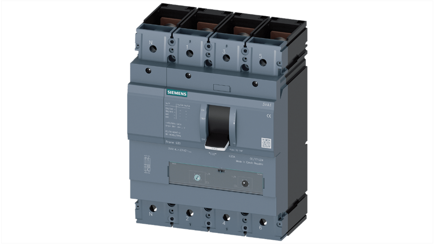 MCCB Siemens, 4 Polos, 630A, Capacidad de Ruptura 70 kA, Montaje fijo, SENTRON, 3VA1