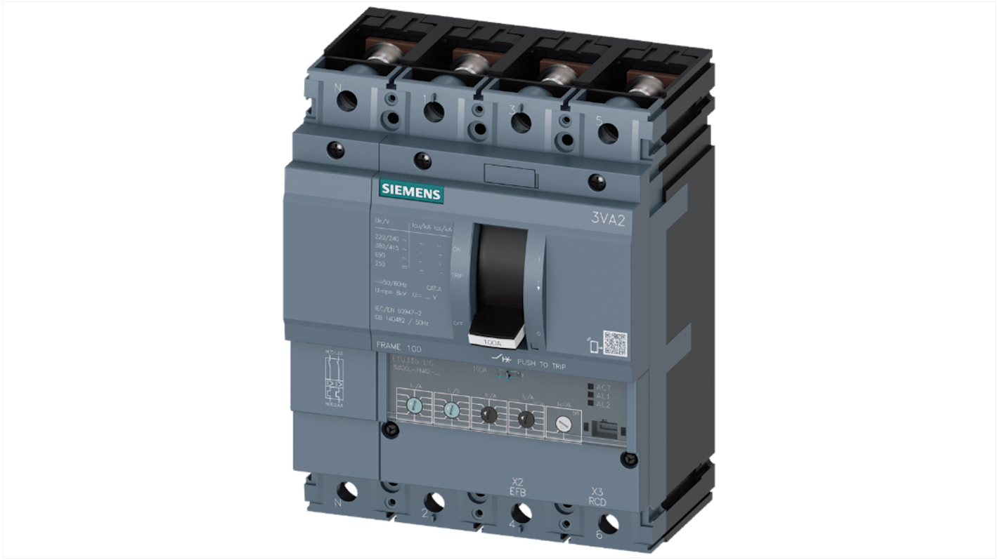 Siemens, SENTRON MCCB 4P 100A, Breaking Capacity 55 kA, Fixed Mount