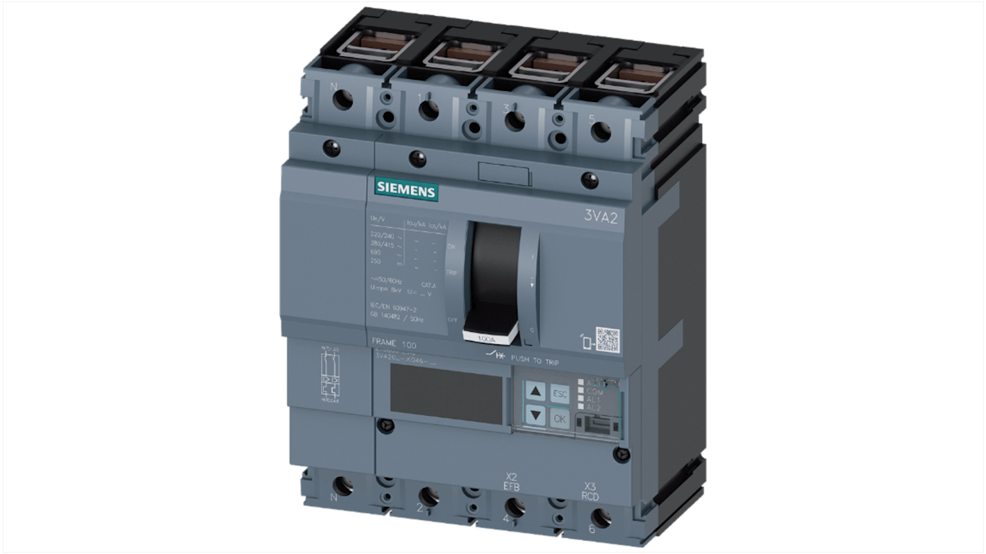 Siemens, SENTRON MCCB 4P 100A, Breaking Capacity 55 kA, Fixed Mount