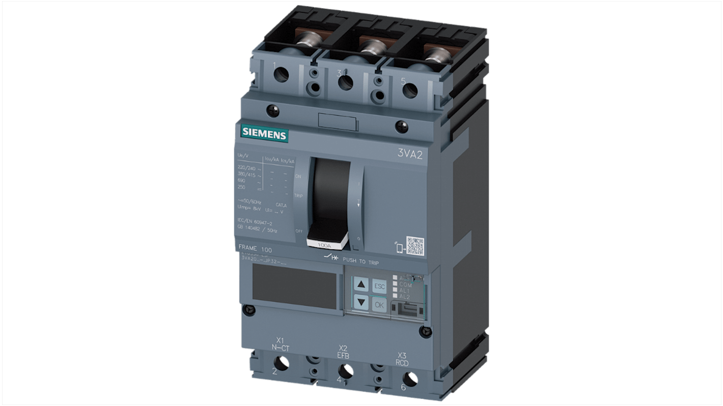 MCCB Siemens, 3 Polos, 100A, Capacidad de Ruptura 85 kA, Montaje fijo, SENTRON, 3VA2