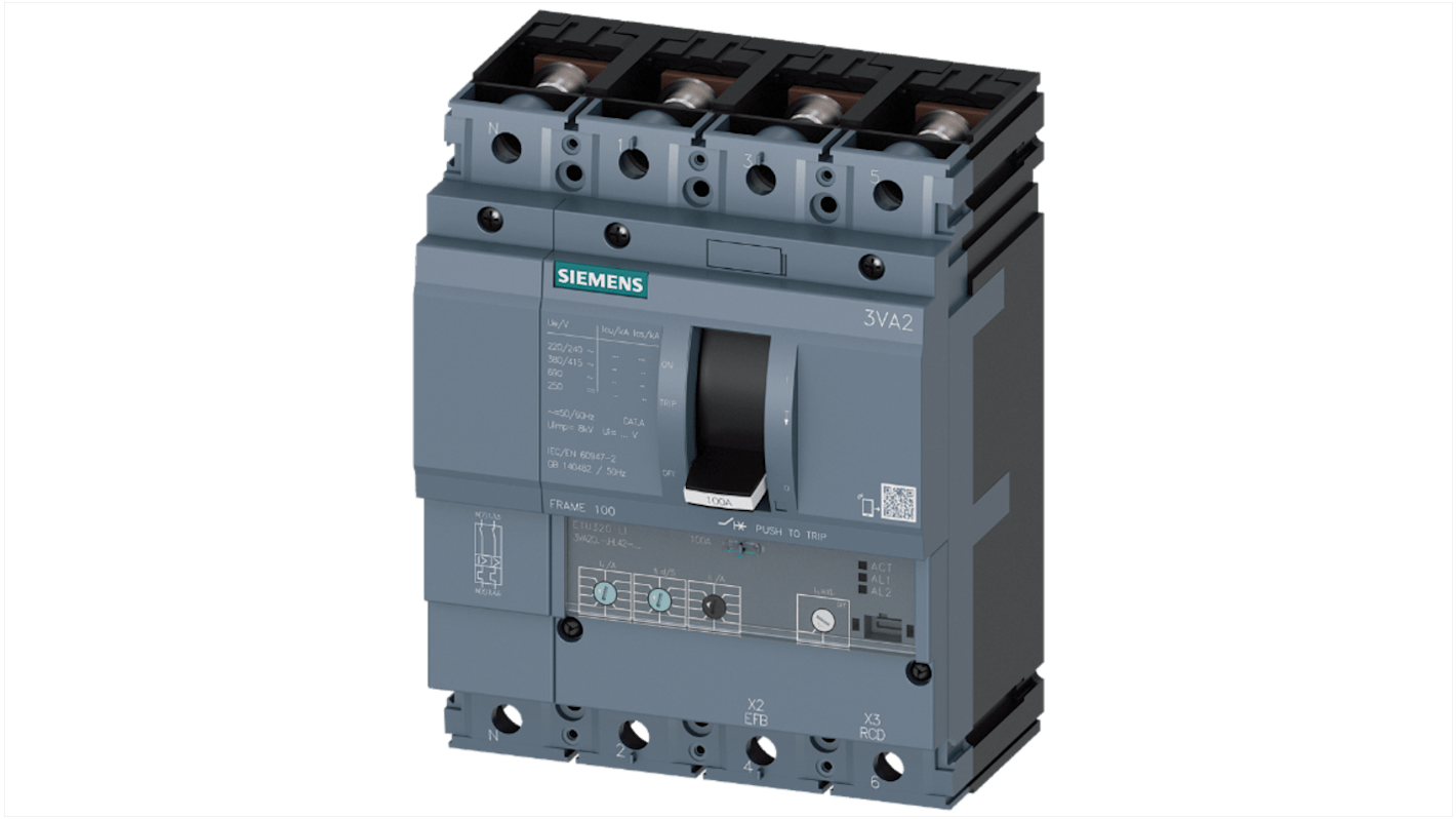 Disjoncteur Siemens SENTRON 4 pôles, 100A, pouvoir de coupure 110 kA, montage fixe